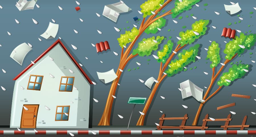 Illustration of a storm impacting a home and the immediate surroundings